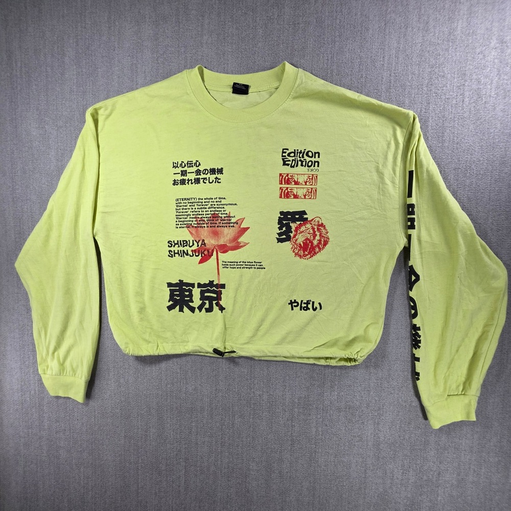 Urban Outfitters Graphic Tee Womens M Lime Green Tokyo Tiger Long Sleeve‎ Cinch